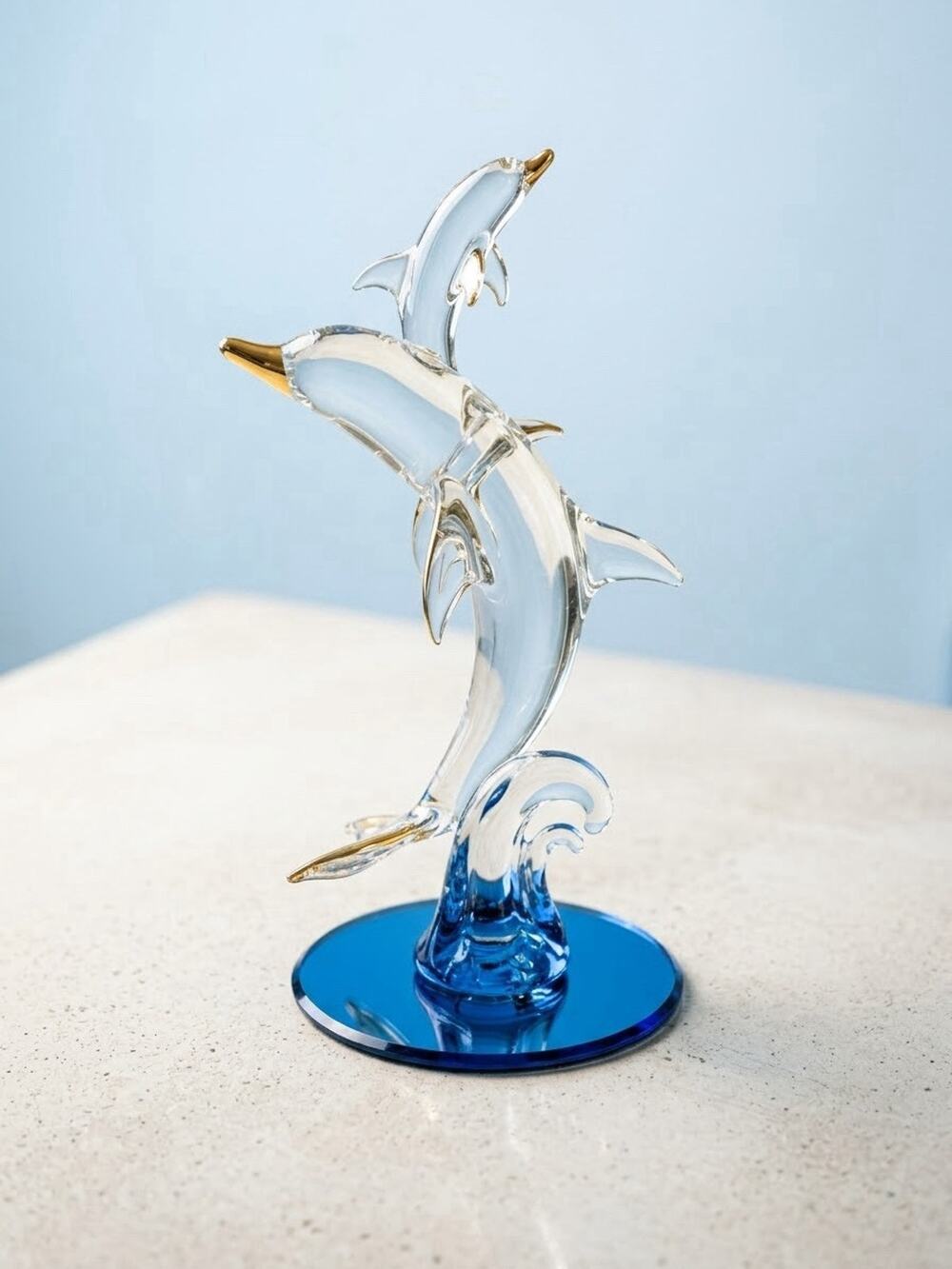 Vintage Blown Glass Leaping Dolphins Figurine 24K Gold Trim Blue Mirror Base